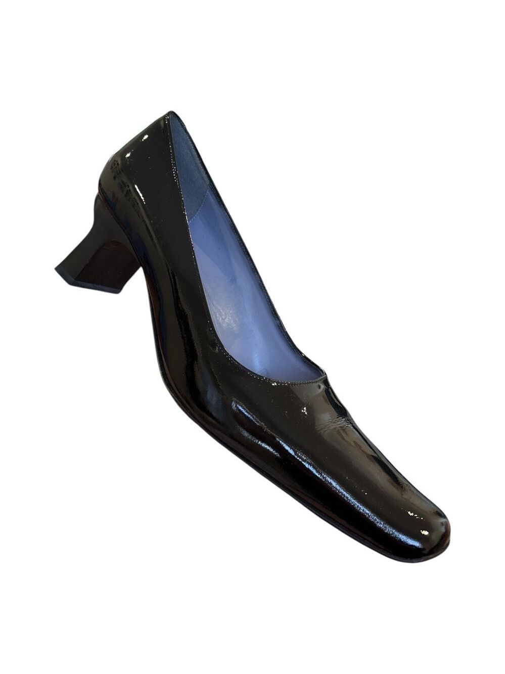 80s GAMA MADE IN ITALY BLACK PATENT LEATHER FLARED BLOCK HEEL COURT SHOE SZ 9.5 - Picture 5 of 9